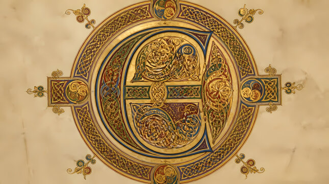 Celtic illuminated letter initial ornate manuscript decoration gold leaf intricate knotwork medieval book page