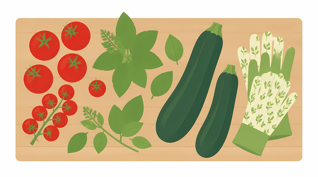 Fresh vegetables and herbs displayed on wooden cutting board with gardening gloves for harvest preparation