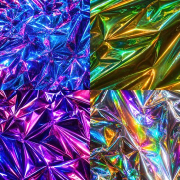 Iridescent Wrinkled Foil Texture Set &mdash; Holographic Crushed Film in Four Colorways, 2x2 Grid, Photorealistic Macro