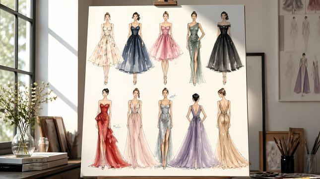 Fashion Design Sketches of Elegant Evening Gowns Displayed on an Art Board in a Studio Setting with Natural Light and Decorative Elements
