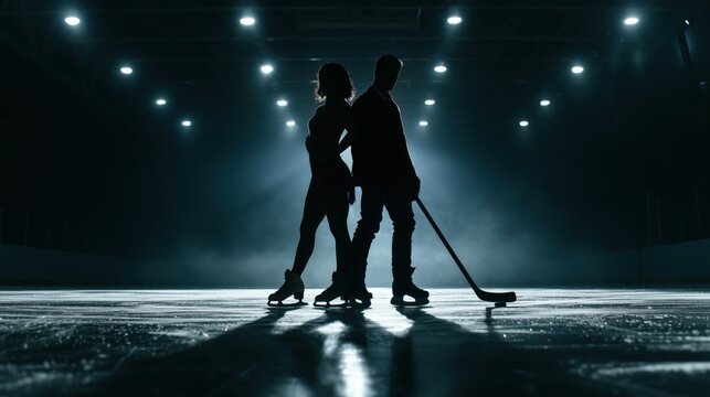 Silhouette of a figure skater and a hockey player standing back to back.