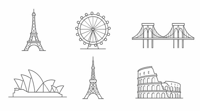 World-famous landmarks and iconic structures illustration set featuring Eiffel Tower, London Eye, Sydney Opera House, Colosseum, and suspension bridge in minimalist line art style