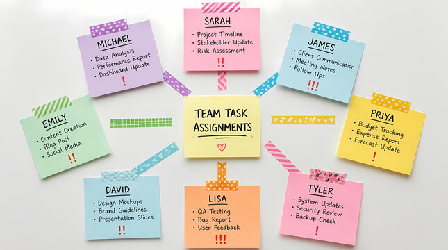 Team Task Assignments visualized with colorful sticky notes and washi tape on white surface for collaborative project planning