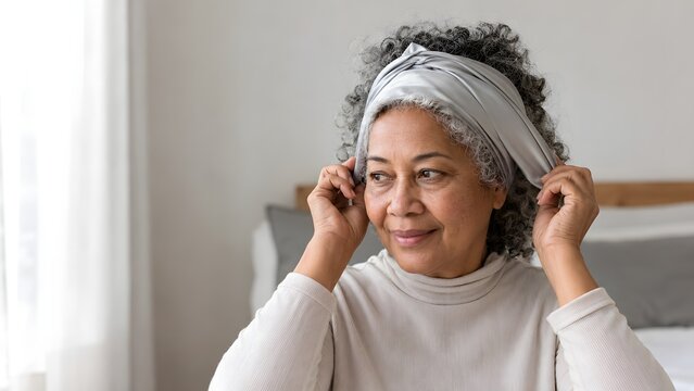 Pacific Islander Senior Woman with Silver Curly Hair Putting on Satin Hair Wrap in Cozy Bedroom