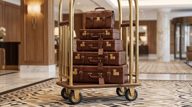 Stacked Brown Leather Suitcases And Briefcase On A Gold Hotel Luggage Cart, Premium Travel Accommodations And Hospitality Services