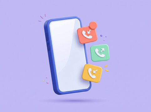 Stylized 3D smartphone with floating call notifications