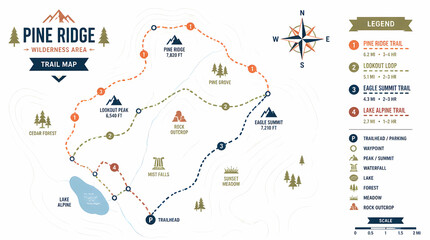 Naklejka premium Trail Map of Pine Ridge Wilderness Area with Detailed Route Information and Legend for Hiking Trails