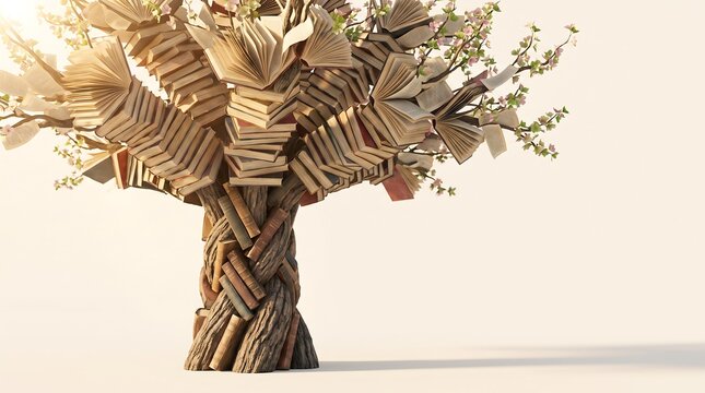 Single tree growing from open book symbolizing knowledge and sustainable education