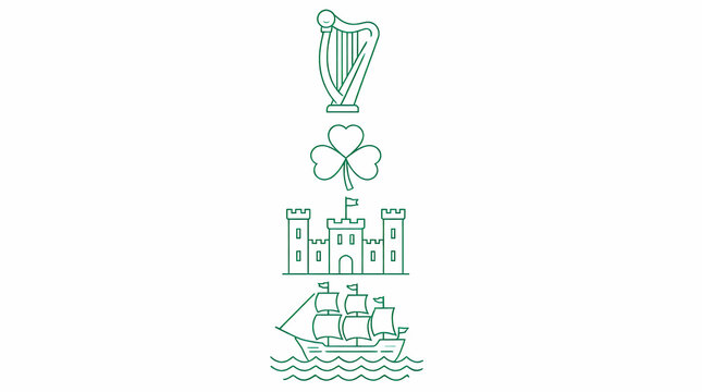 Ireland cultural symbols vertical stack harp shamrock castle ship line art