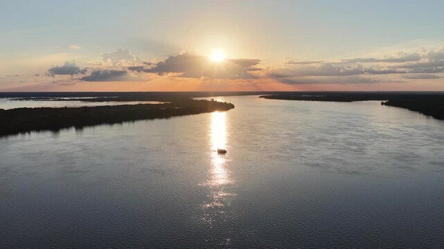 Amazonian Sunset At Novo Airao In Amazonas Brazil. Anavilhanas National Park. Sunset Landscape. Amazon Rainforest. Amazonian Sunset In Novo Airao In Amazonas Brazil. Wildlife Skyline. Sunset Sky.