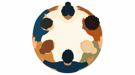 Fototapeta premium Diverse group of people standing in circle with arms around each other forming unity symbol from overhead view