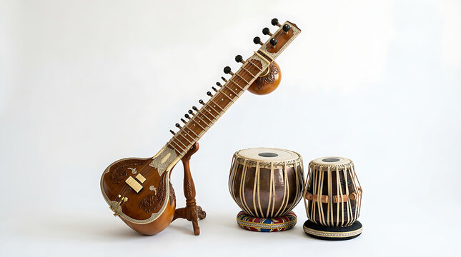 Traditional Indian Sitar and Tabla Musical Instruments.