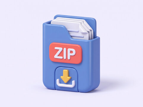 Blue 3D ZIP file folder icon with download arrow