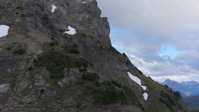 Majestic Mountain Landscape in British Columbia with Rocky Slopes and Snow Patches Under Cloudy Sky