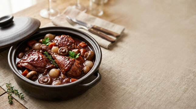 Traditional French Coq au Vin in a ceramic pot on a rustic table setting with wine glasses and cutlery