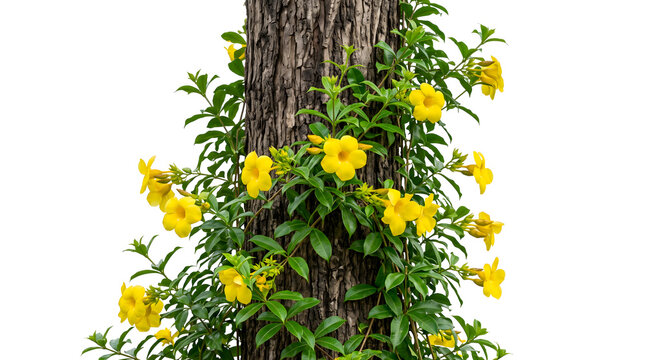 Yellow allamanda flowers climbing up a tree trunk isolated on white background