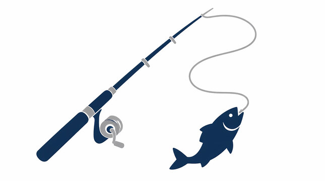 Fishing rod with reel and fish on line in outdoor setting, stylized dark blue silhouette illustration against white background