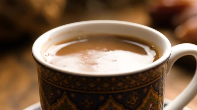 Close-up of hot milky coffee or tea in a beautifully ornate ceramic mug, reflecting warmth, comfort, and traditional beverage service on a rustic wooden surface.
