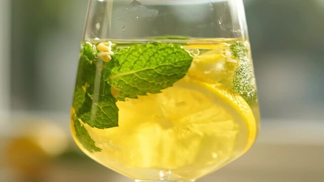 Refreshing summer drink in a wine glass with mint leaves and lemon slices submerged in the liquid, featuring detox water, iced tea, or a mojito cocktail preparation.