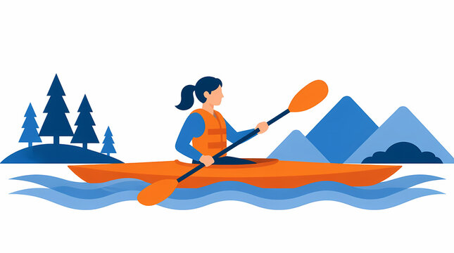 Person kayaking on river with mountains and trees in background wearing life jacket during outdoor adventure activity