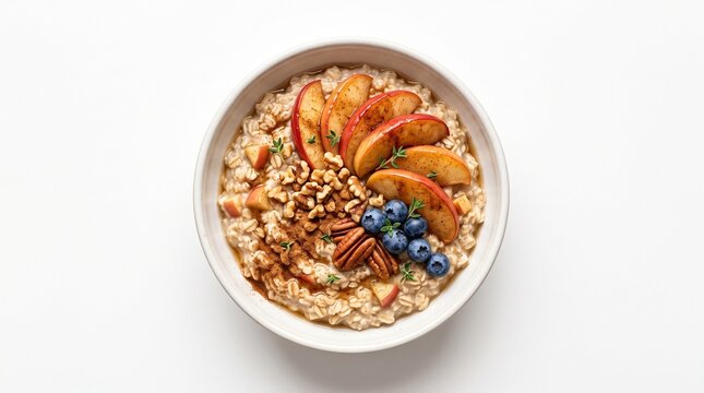 Bowl of healthy oatmeal with fresh fruit and nuts top view