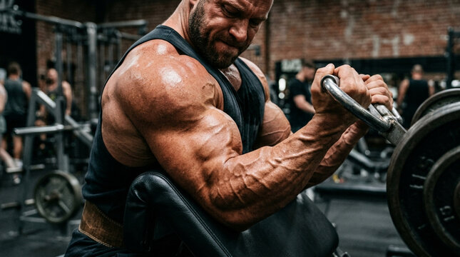 Muscular Man Doing Bicep Curls in Gym