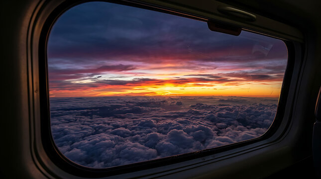 Aerial view of sunset over clouds from airplane window.