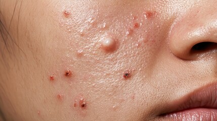 Fototapeta premium Close up macro view of human facial skin with acne and large pores