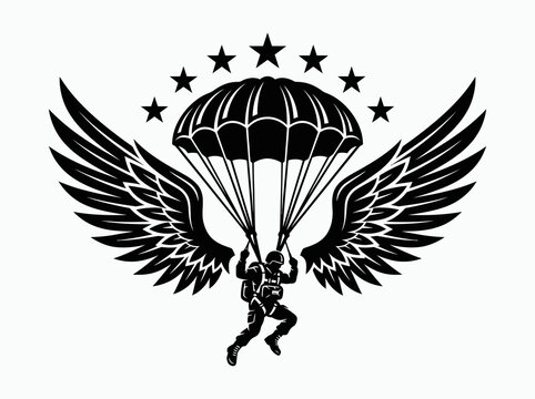 Military Paratrooper with Parachute, Wings and Stars Emblem - Black and White Glyph Vector