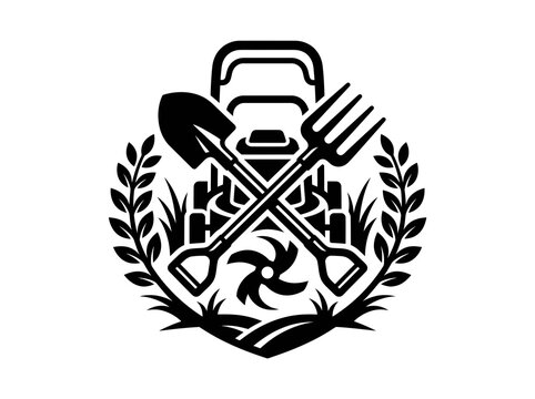 Black and White Garden Emblem with Lawn Mower, Shovel, Pitchfork and Leaves