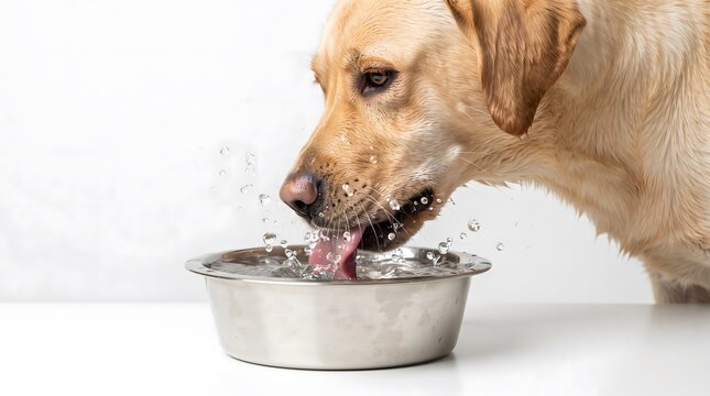 Yellow Labrador dog drinking fresh water from a stainless steel bowl on white background