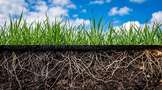 Split ground level showing green grass and blue sky above with root system in dark soil below, ecology concept photography