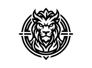 Fototapeta premium Sports Gaming Monochrome Stylized Lion Head Emblem with Horns - Black and White Vector Mascot Logo