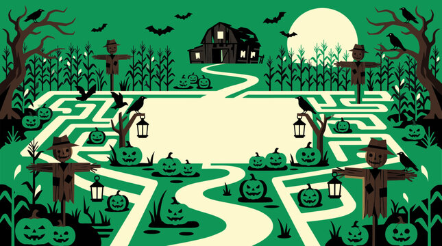 Spooky halloween corn maze illustration featuring scarecrows jack o lanterns and a haunted barn under full moon