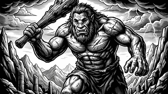 A powerful cyclops monster with a club stands in a dramatic mountain landscape with stormy skies and lightning.