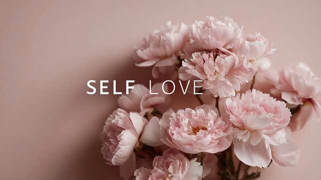 Pink Peonies and "SELF LOVE" Text on a Soft Blush Background, Embodying Self-Care and Wellbeing