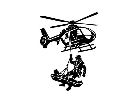 Emergency Helicopter Rescue Operation: Paramedic Hoisting Patient in Stretcher, Medical Evacuation Glyph