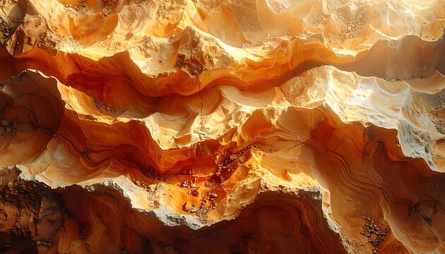 Abstract close-up of glowing amber and white mineral formations with intricate textures.