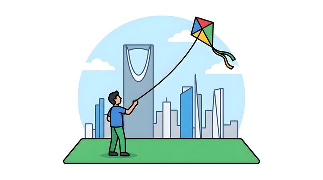 Man flying a colorful kite near the riyadh skyline vector