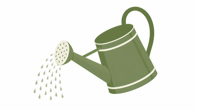 Watering can pouring water droplets outdoors in garden setting with green metallic finish and white rim details