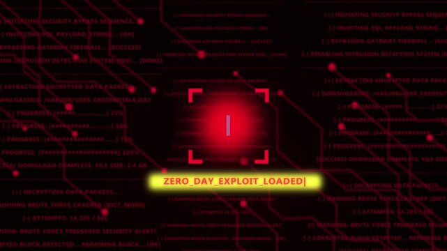 Cyber security warning interface featuring zero day exploit loaded alert with red digital code matrix background, and glowing warning, symbol for advanced, network protection and, hacking threat