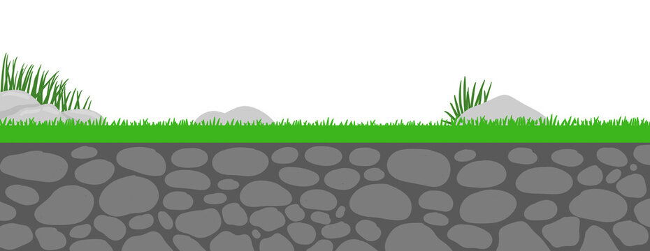 Seamless 2D side scroll game terrain ground with green grass scatter stones rocks and grey cobblestone wall cross section
