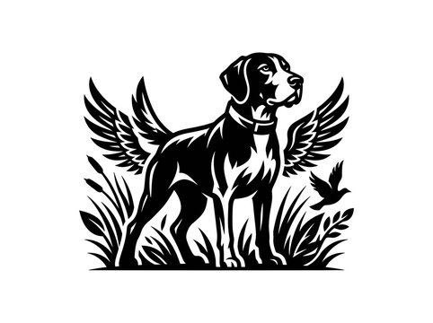 Winged Hunting Dog with Bird Vector Logo - Black and White Line Art