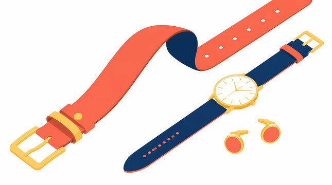 Watch strap and watch with cufflinks arranged on white background featuring orange blue leather bands gold buckle minimalist design