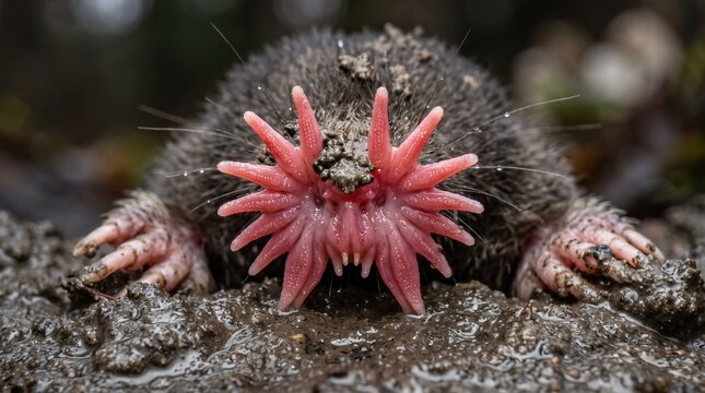 Star-nosed mole close-up, a unique subterranean mammal with a distinctive pink star-shaped nose. Fascinating wildlife photography, an unusual animal portrait for nature and educational content.