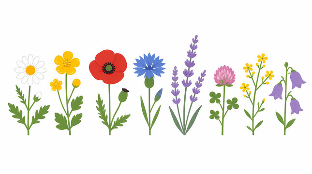 Flowers blooming in a garden with diverse colors and types including daisy, poppy, lavender, clover, and bellflower on green stems against white background
