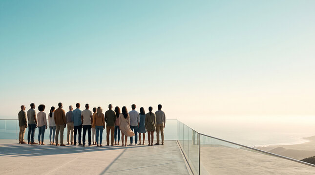 Vision and future concept, diverse group of people looking at ocean horizon on modern balcony with copy space