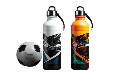 Two colorful patterned water bottles with a miniature soccer ball