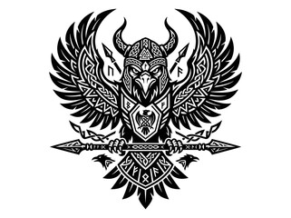 Fototapeta premium Norse Mythology Viking Eagle Warrior Emblem Glyph Vector Art - Stylized Black White Celtic Mascot