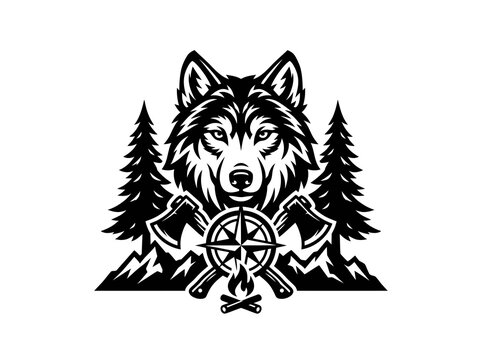 Black  White Outdoor Adventure Wolf Head Emblem with Axes, Compass, and Campfire  Wilderness Graphic